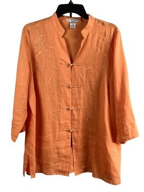 Jillian Jones Woman 100% Linen  Orange Embroidered Linen Button-Down Top